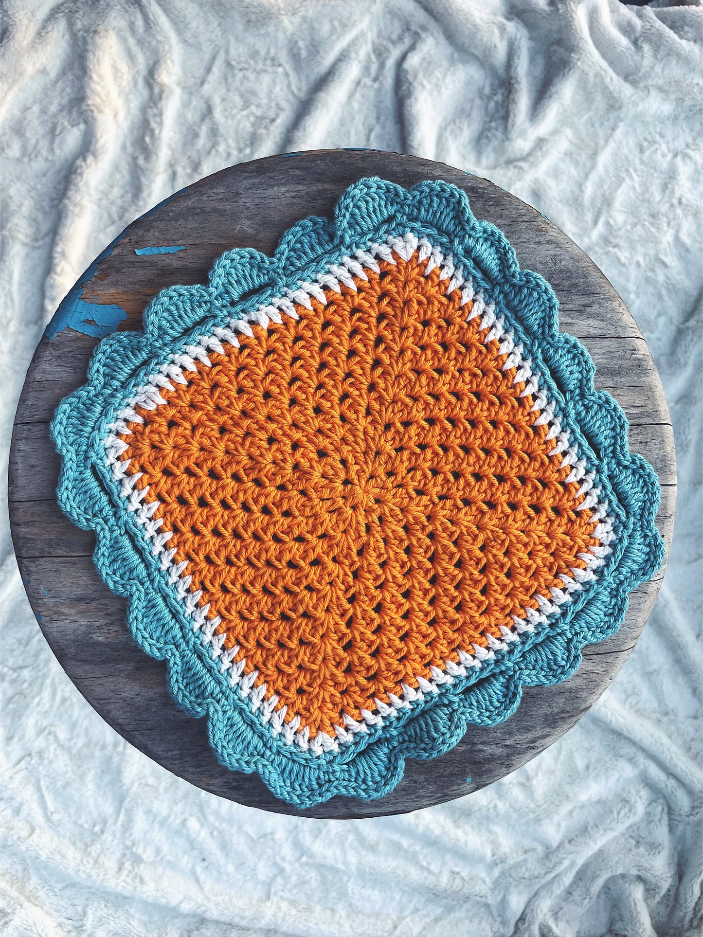 Orange and Blue Square Crochet Mat