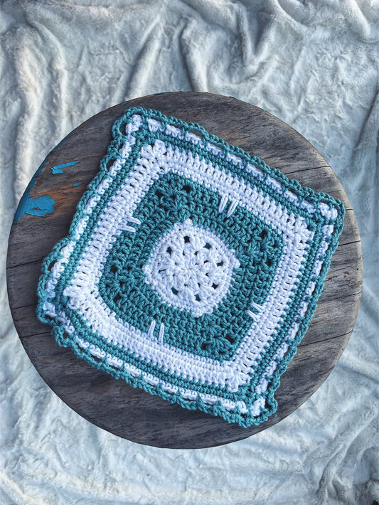 Blue and White Square Crochet Mat